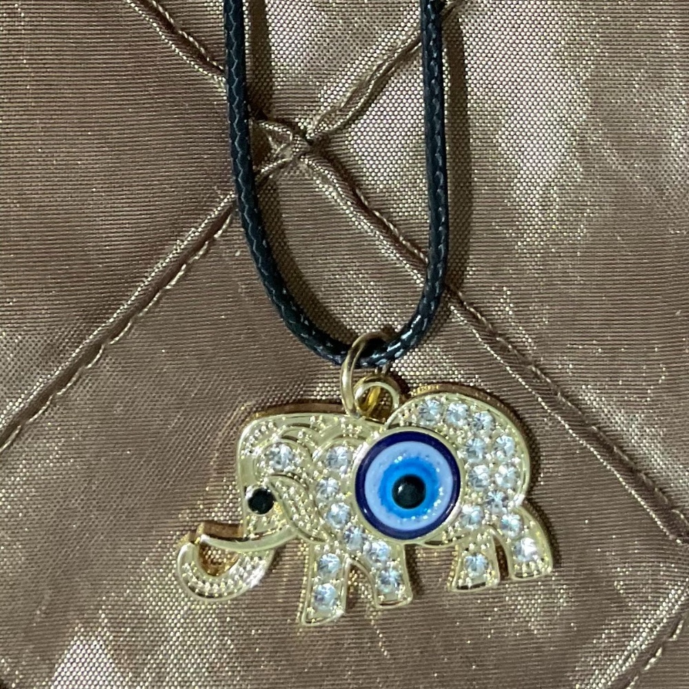 NEW rhinestone style Boho Elephant necklace gold tone black leather cord